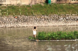 Cô gái hồn nhiên mặc nội y bơi giữa sông Tô Lịch lại tạo dáng bên bè trồng hoa khiến giao thông tắc nghẽn