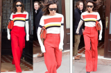 Victoria Beckham nổi bần bật trên phố với áo len mix cùng quần ống rộng đỏ rực