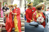 Quý Bình và bà xã diện áo dài đỏ sánh đôi, trao nhau những cử chỉ ngọt ngào trong lễ rước dâu
