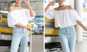 Hoa hậu H'Hen Niê phối đồ sang chảnh với áo trễ vai và quần jeans, xuất hiện ở sân bay
