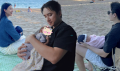 Vợ chồng Phan Mạnh Quỳnh đưa con 1 tháng tuổi đi du lịch biển, hiếm hoi lộ gương mặt bé