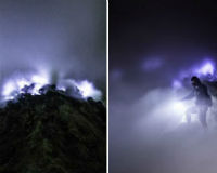 Ngọn núi phun lửa màu xanh kỳ quái vào ban đêm