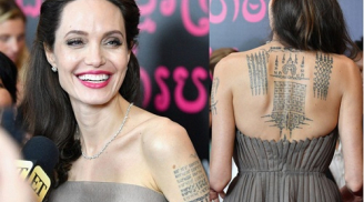 Angelina Jolie khoe lưng trần lộ nhiều hình xăm 'kì lạ'