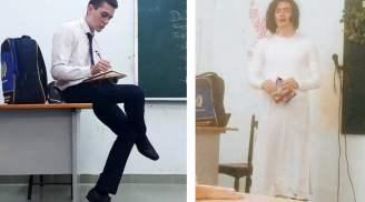 Thầy giáo Tây 'biến hình' thành cô giáo Việt với tà áo dài duyên dáng khiến học trò ồ lên thích thú