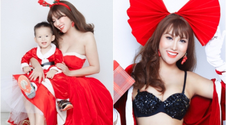 Diện váy đỏ rực 'trứ danh' Hoa hậu, Phi Thanh Vân để vai trần, khoe vòng 1 'ngồn ngộn' chụp ảnh bên quý tử