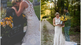 Hình ảnh cô dâu chụp ảnh cưới một mình bên mộ chú rể khiến người xem nhói lòng