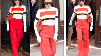 Victoria Beckham nổi bần bật trên phố với áo len mix cùng quần ống rộng đỏ rực