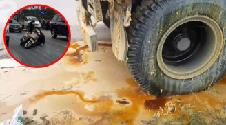 Xe container 'hung thần' đổ dầu mỡ ra đường khiến hàng loạt phụ nữ trượt ngã