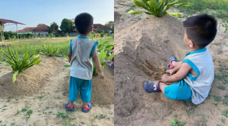 Cậu bé 2 tuổi ngồi nghịch cát trước mộ bố mẹ rồi liên tục gọi 'mẹ ơi' khiến bao người xót lòng