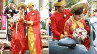 Quý Bình và bà xã diện áo dài đỏ sánh đôi, trao nhau những cử chỉ ngọt ngào trong lễ rước dâu