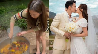Tiệc cưới 'chẳng giống ai' của Hoa hậu Thu Hoài: Cô dâu hì hục nấu ăn, rửa bát đãi bạn bè