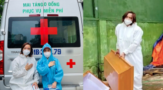 Việt Hương xót xa khi thấy ông xã đội mưa khiêng áo quan lên xe thiện nguyện