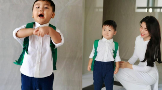 Con trai Hoà Minzy ngày đầu đi học diện sơ mi trắng như soái ca, có 'cô giáo như mẹ hiền' hộ tống