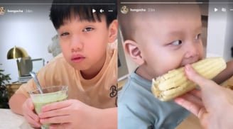 Hà Hồ khoe biểu cảm của hai con trai khi ăn uống: Subeo mặt nhăn nhó, Leon ăn không kịp đút