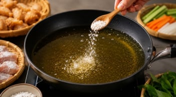 Vì sao nên cho một chút bột năng vào chảo dầu trước khi chiên rán?