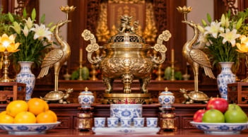 Đỉnh đồng và đôi hạc đặt trên bàn thờ thế nào cho đúng? Có phải gia đình con trưởng mới dùng đồ thờ này?