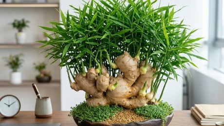 Cách trồng gừng bonsai phong thủy xanh mướt, mầm đâm tua tủa