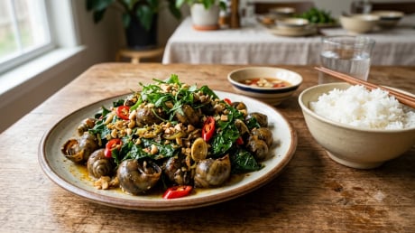 Không ngờ món ốc xào lá lốt tưởng chỉ hợp bàn nhậu lại đưa cơm đến thế, thêm 2 món là đủ mâm ngon