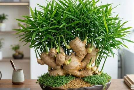 Cách trồng gừng bonsai phong thủy xanh mướt, mầm đâm tua tủa