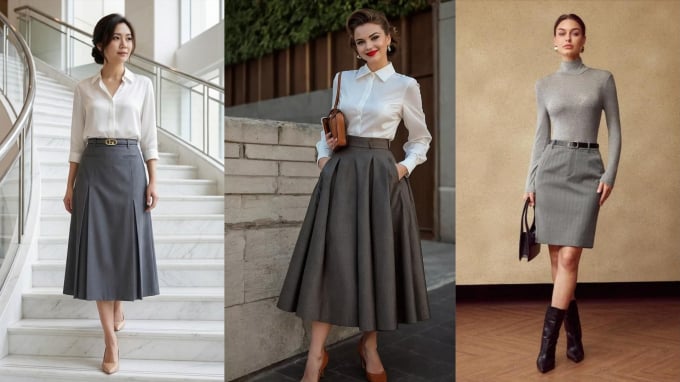 1 chân váy xám, 7 cách phối đồ giúp phụ nữ 30+ mặc đẹp cả tuần, thanh lịch đúng chất “old money”